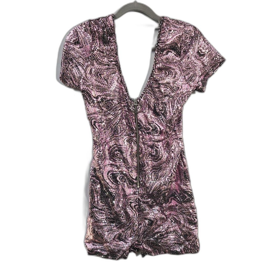 AsYou Sequin-Pink Plunge Zip Front Backless Romper W/ Zebra Pattern US 10 UK 12